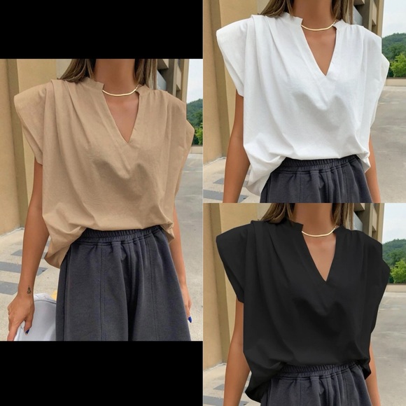 Tops - BEIGE V-neck ruched shoulder pad T-shirt tee